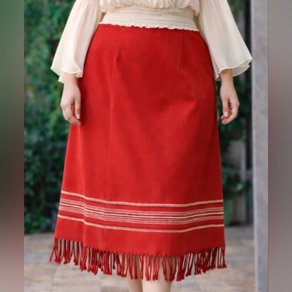 Vintage Michele Maxi Skirt Womens 14 Red Embroidered Stripes Fringe Western Boho